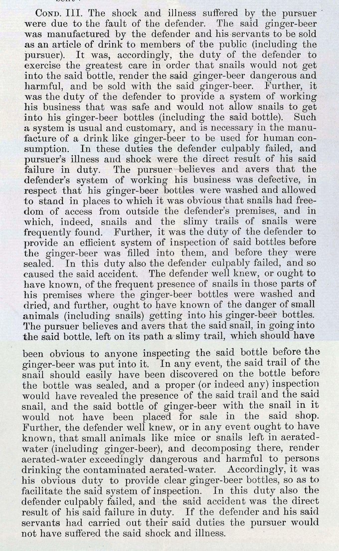 Image shows May Donoghue’s Condescendence III from the Closed Records in claim by May Donoghue against David Stevenson, 1929. National Records of Scotland reference: CS252/2299.